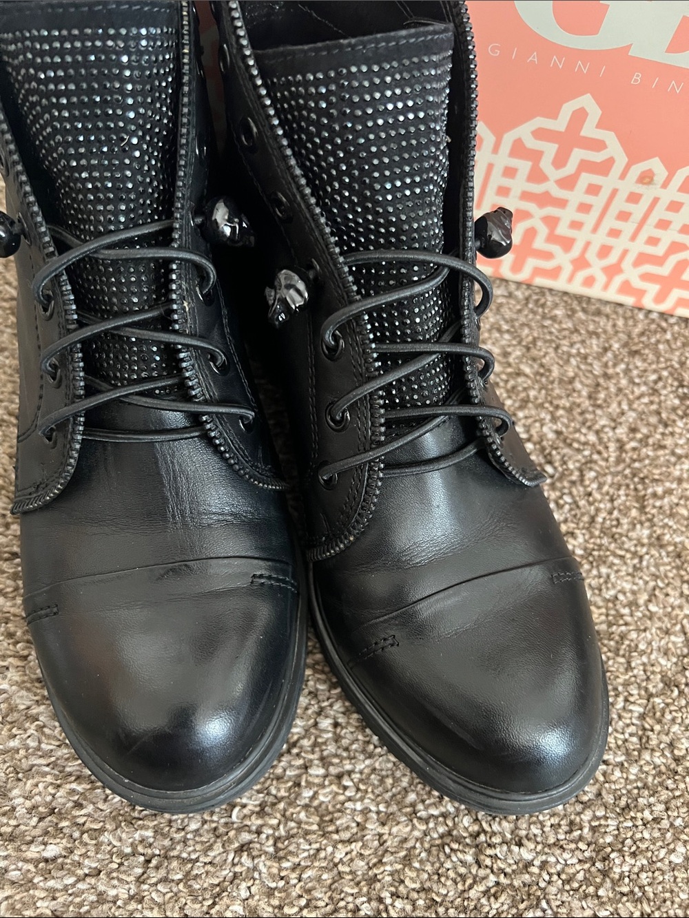 Gianni Bini Black Leather Ankle Boots with Studded Tongue - Picture 2 of 10